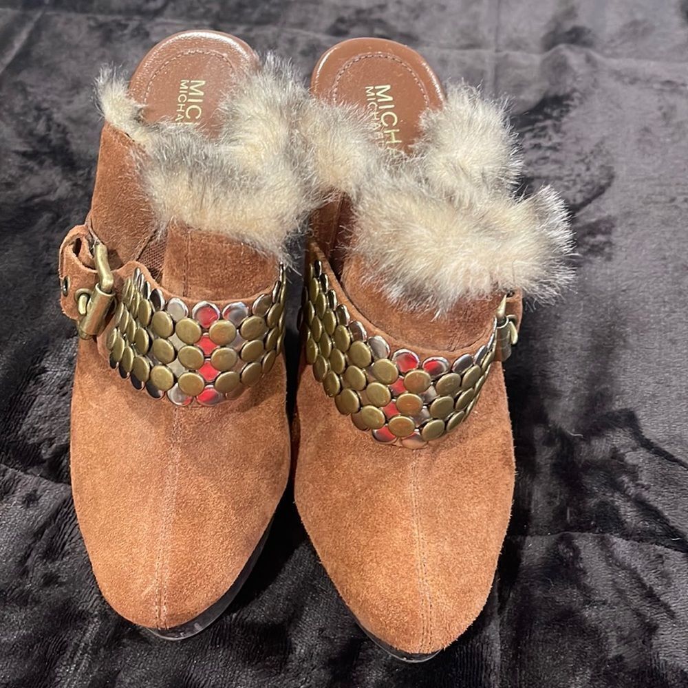 Michael Kors brown suede heels with so for lining and brass detail